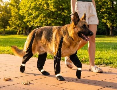 Dog wearing protective boots in a park